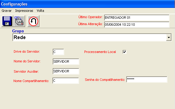 pg.204 Rede Tela de Configurações/Rede Variável de configuração Função Drive do servidor Define qual a letra de drive será utilizada para mapear o servidor.