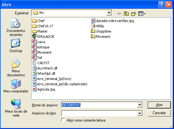 pg.217 4. Agora escolha o local de gravação do arquivo SETORTXT.TXT também clicando em "Abrir". Esse arquivo contém as informações sobre o setor de cada produto. 5.