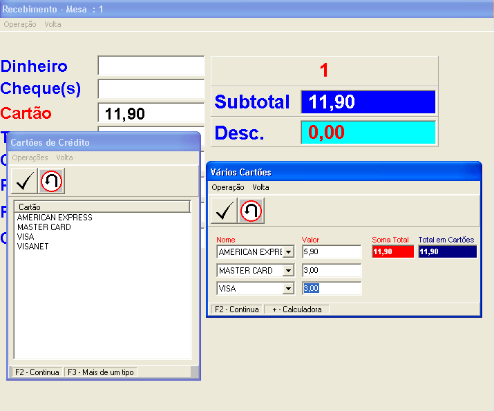 pg.63 Para que a divisão de cartões funcione é necessário que esteja maracada no Mister Chef Configurações / Periféricos a opção "dividir vários cupons para cartões de créditos" e não esteja