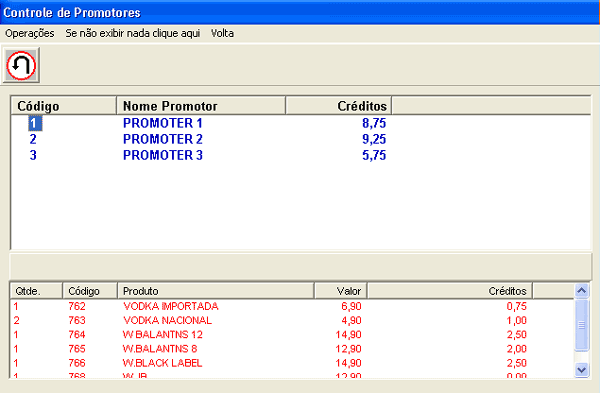 pg.76 Tela de Controle de Promotores Para imprimir uma listagem com os produtos vendidos e o total a receber de cada um, acesse o menu "Operações">"Imprime" ou pressione.