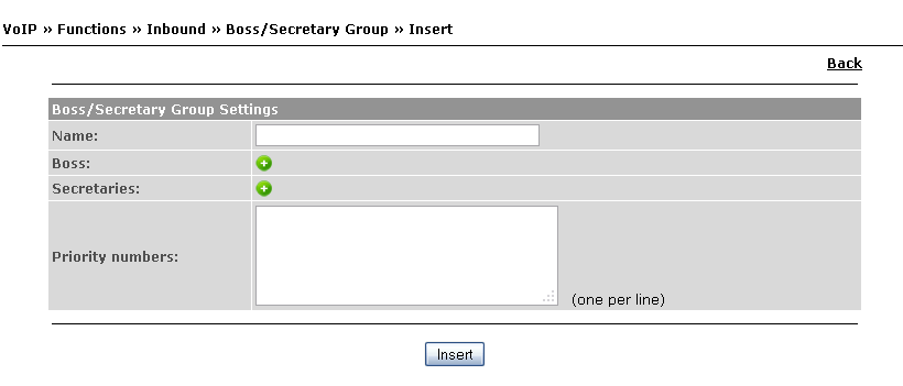 160 IPBrick.C Figura 4.79: VoIP - Grupo Chefe/Secretária - Inserir Nesta nova página (Figura 4.80) encontrará duas opções disponíveis: Figura 4.