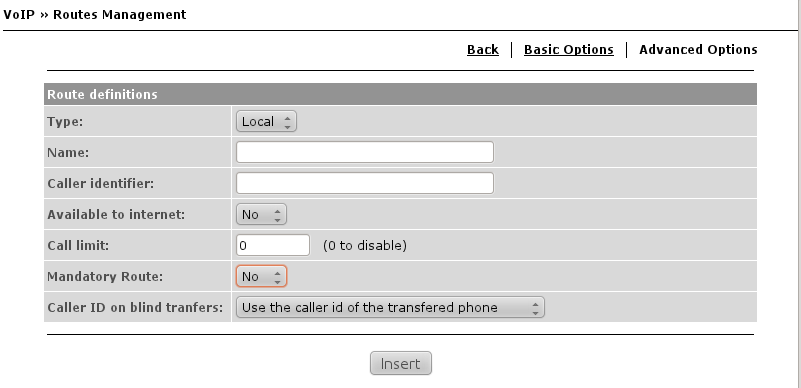 180 IPBrick.C Figura 4.104: VoIP - Local - Opções Avançadas Clique em Inserir para criar a rota.