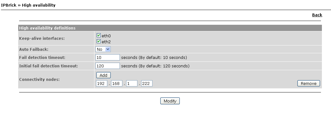 7.1 IPBrick 215 7.1.5 Alta Disponibilidade Na página da Alta Disponibilidade (High Availability - HA) poderá verificar o estado do seu sistema, os interfaces ligados, assim como configurar as definições (Figura 7.