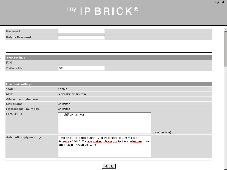 319 Mensagem de resposta automática: Se for definida uma mensagem, a IPBrick responderá automaticamente com esta mensagem quando alguém enviar uma mensagem de correio electrónico para a conta do
