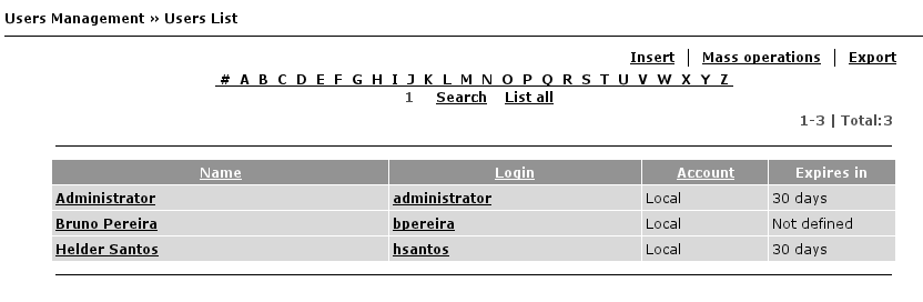 3.4 Gestão de Utilizadores 43 Se regressar à Lista de Utilizadores irá notar que este utilizador já não está sujeito à validade de password. Figura 3.