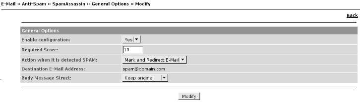 3.8 Servidor de Impressão 77 Figura 3.68: Correio Electrónico - AntiSpam - SpamAssassin - Menu Principal Figura 3.69: Correio Electrónico - AntiSpam - SpamAssassin - Opções Gerais - Rejeitar 1.