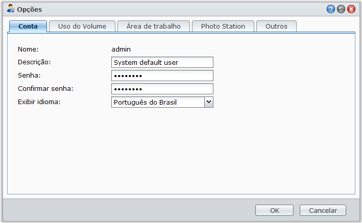 Gerenciar opções pessoais Clique no menu Opções (com um ícone de figura) no canto superior direito de sua área de trabalho de DSM para gerenciar configurações de sua conta de usuário ou faça logout