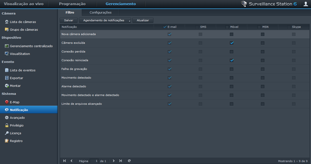 Gerenciamento das Configurações de notificação Na guia Gerenciamento, vá para Sistema > Notificações para que o Surveillance Station envie mensagens de notificação a você via e-mail, SMS,