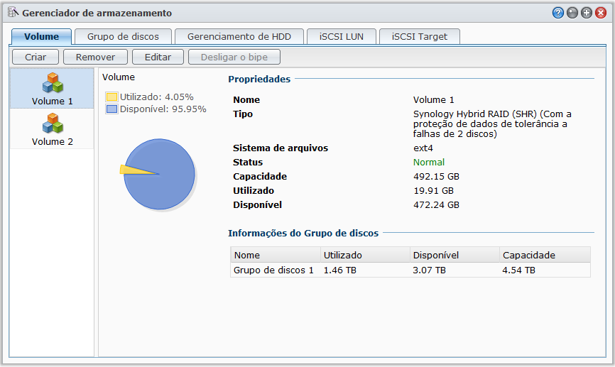 Tipo RAID # de HDDs Falha permitida de HDD # RAID 0 2 0 RAID 1 2-4 (HDD #) - 1 RAID 5 3 1 RAID 5+Spare 4 2 RAID 6 4 2 Descrição Combinando múltiplos discos para criar um espaço de armazenamento, RAID