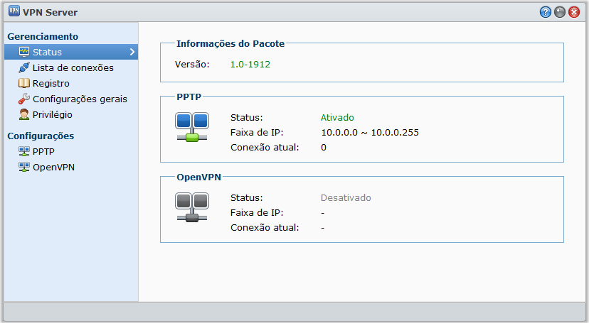 Configuração da conexão VPN O VPN Server é um pacote de complementos que habilitam seu DiskStation a se tornar um servidor de PPTP/OpenVPN VPN (rede privada virtual), permitindo que os usuários DSM