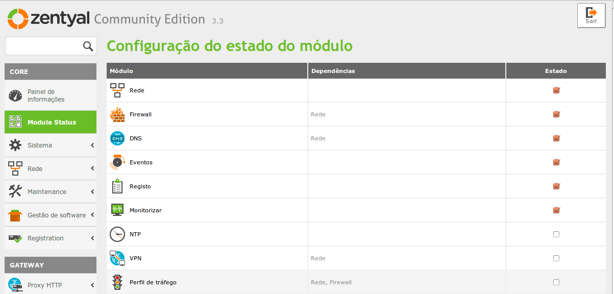 Indicanos activar os módulos do Firewall e DNS No Module Status activamos os módulos