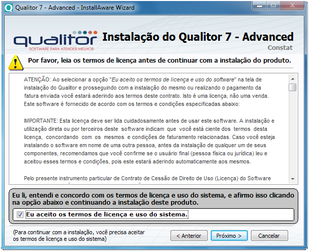 2.1.3 Seleção de recursos para instalação Nesta tela poderão ser escolhidos os recursos do Qualitor que serão instalados, como por exemplo: QAgente, QBilling, etc.