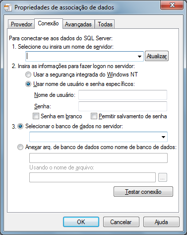 2. Escolha o provedor de conexão relativo ao seu banco de dados e clique em Avançar; a seguinte tela será apresentada: 3.