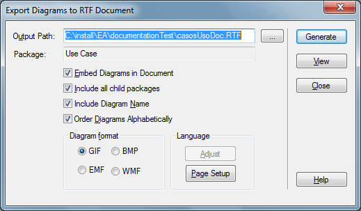 4. Preencha as opções para geração do relatório: a. Package: nome do pacote origem b. Output Path: nome e caminho do arquivo RTF que será gerado c.