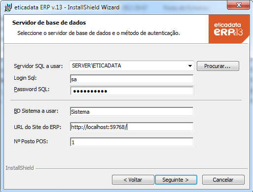 No passo seguinte, são definidos dados de acesso ao servidor de base de dados, indicação da base de dados de sistema, URL do site para o ERP e o número do posto por defeito para POS (se aplicável).