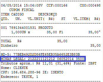 No PAF-ECF para o estado de Minas Gerais, foi alterado o layout para o seguinte formato: MINAS LEGAL: 12345678000100 12062011 12545 12345678000100: representa o CNPJ da empresa local; 12062011: