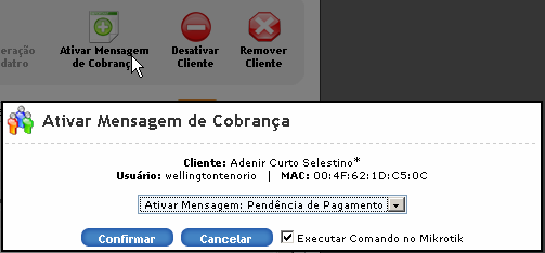 Escolha entre ativar mensagem de pendência ou mensagem de bloqueio e confirme.