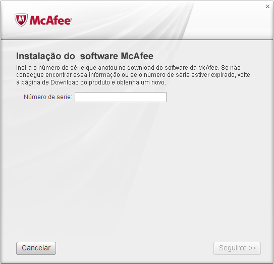 Aparecerá uma tela solicitando o número de série citado anteriormente.