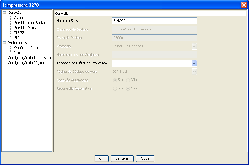 Na ficha Conexão, campo Nome da Sessão, dê o nome da nova impressora, por