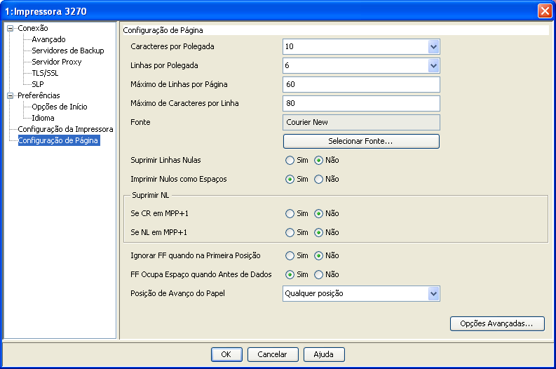 Abra a ficha Configuração de Página e configure as opções de impressão de acordo com o desejado. Ao terminar a configuração, clique em OK para gravar as alterações.