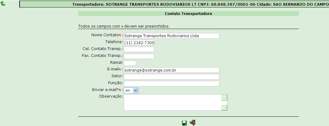 Contados do Transportador Para Exibir / Incluir Contatos clicar no ícone Figura 10.