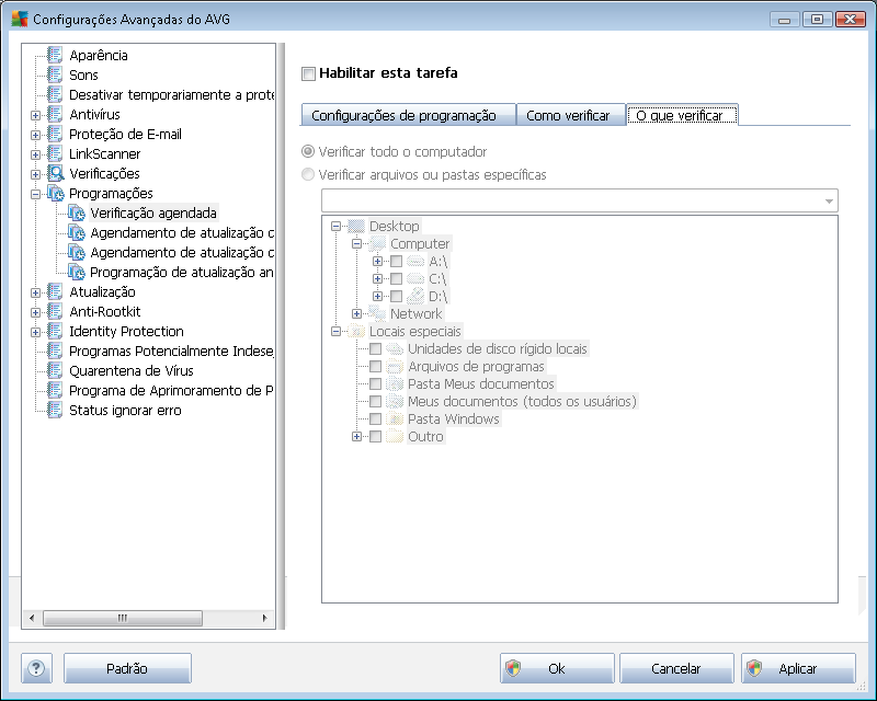Na guia O que verificar, você pode definir se deseja programar a verificação de todo o computador ou a verificação de arquivos ou pastas específicas.