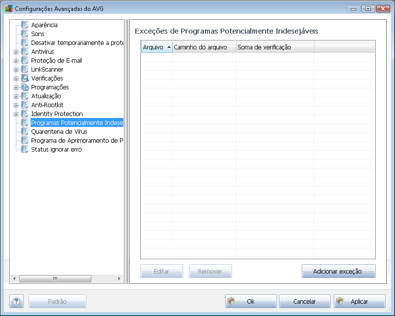 A caixa de diálogo Exceções de programa potencialmente indesej ável exibe uma lista das exceções definidas e válidas atualmente dos programas não desejados.