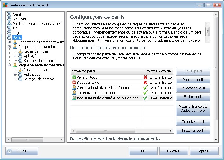 10.6. Perfis Na caixa de diálogo Configurações do perfil, é possível encontrar uma lista de todos os perfis disponíveis: Os Perfis do sistema (Permitir tudo, Bloquear tudo) não podem ser editados.