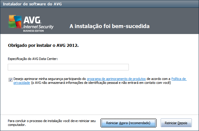 É preciso especificar os parâmetros do AVG DataCenter - forneça a string de conexão para o AVG DataCenter, no formato servidor:porta.