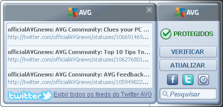 respectivo para conectar-se a comunidades do AVG no Twitter, Facebook ou LinkedIn: Link no Twitter - abre uma nova interface do gadget AVG, fornecendo uma visão geral dos feeds mais recentes da AVG
