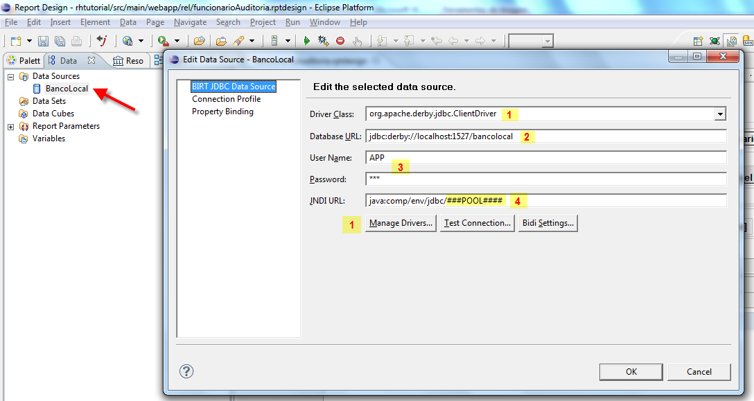 Introdução ao Eclipse BIRT Figura A6.10. Data Source BIRT com dados de conexões para Banco Local padrão do jcompany. #1. Classe do Driver JDBC específico.
