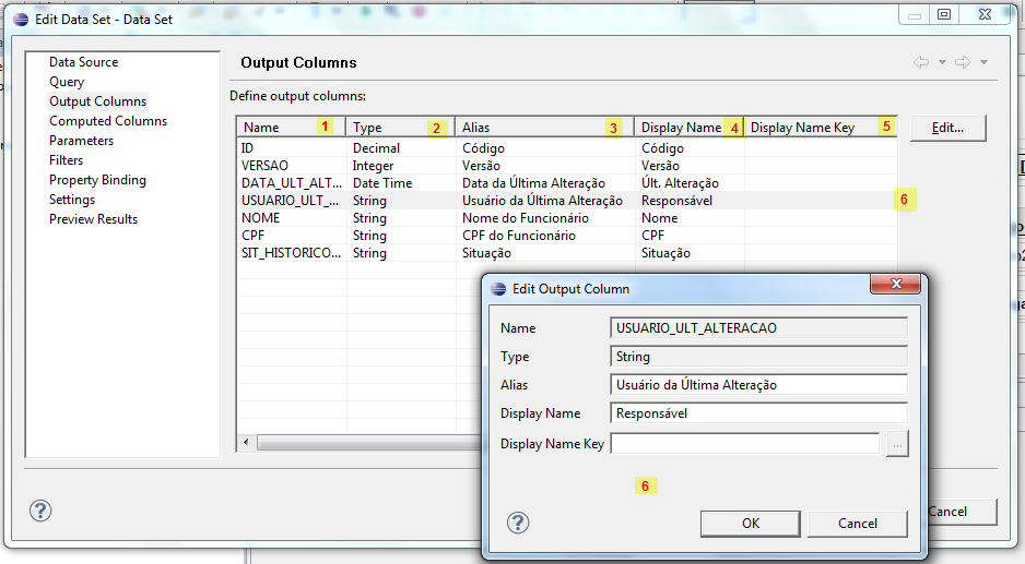 Capítulo F19 Figura A6.14. Cláusula SQL para o Data Set finalizada. #1. Intervalo de datas verificado utilizando uma interrogação "?" em lugar de argumentos do relatório (que veremos a seguir). #2.