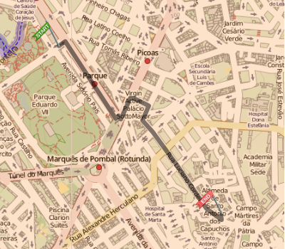 Figura 5.8: Trajecto A-B obtido com o critério inclinação - CycleOurCity Figura 5.9: Trajecto A-B obtido com o critério inclinação - OpenTripPlanner sistema é apresentado na Fig. 5.10.