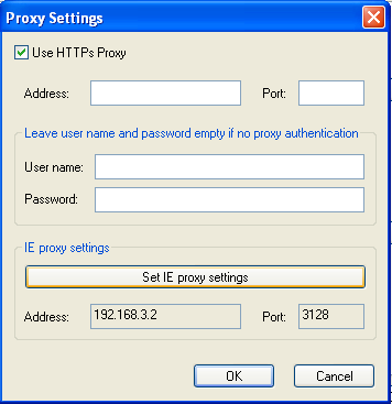 Clique em Set IE proxy settings e será habilitado automaticamente a caixa Use HTTPs Proxy, será preenchido automaticamente com as informações necessárias, IP/Porta, restando apenas inserir usuário e