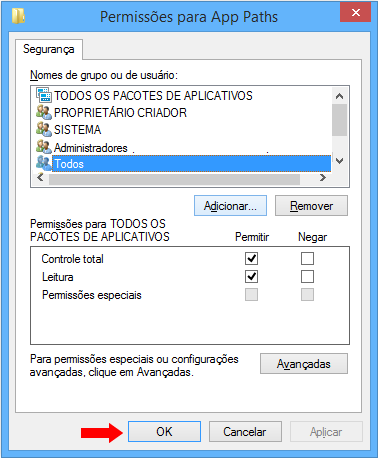 No campo vazio, digite Todos (everyone em Windows com idioma Inglês) e clique no botão OK: Selecione o usuário Todos (everyone em Windows com idioma Inglês), marque as caixas de seleção de Controle