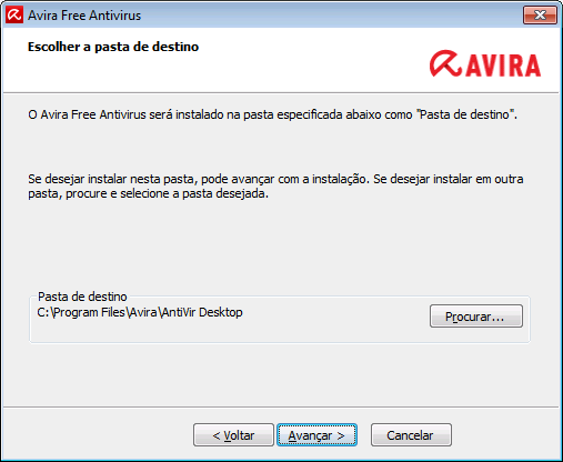 Instalação e desinstalação 3.5.1 Escolhendo uma pasta de destino A instalação personalizada permite escolher a pasta na qual deseja instalar o Avira Free Antivirus.