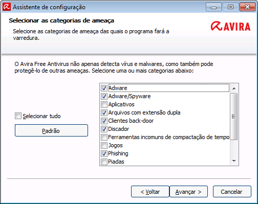 Instalação e desinstalação Um número de categorias de ameaças já é pré-selecionado por padrão.