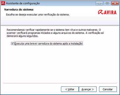 Instalação e desinstalação Se você quiser efetuar uma varredura rápida do sistema, deixe a opção Varredura rápida do sistema ativada. Clique em Avançar. Complete a configuração clicando em Concluir.