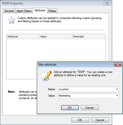 Captura de tela 64: Atribuir atributos: Computador único 3. Na caixa de diálogo Properties> na guia Attributes, clique em Add. 4. Defina novas configurações dos atributos e clique em OK. 5.