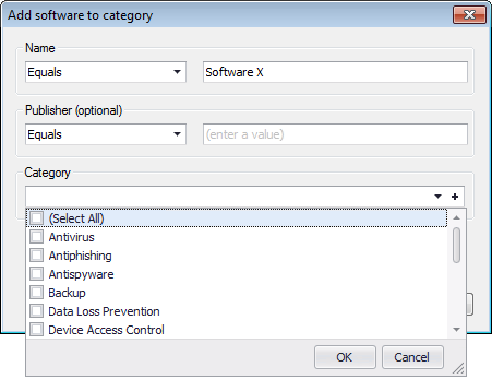 1. Clique na guia Configuration > Software Categories e, no painel direito, clique na lista suspensa Adde selecione New software category. Captura de tela 76: Nome da categoria do software 2.