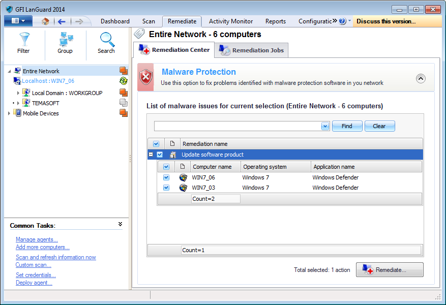 Captura de tela 117: Proteção contra malware Para corrigir as vulnerabilidades da proteção contra malware: 1. Selecione a guia Corrigir > Centro de Correções e clique em Malware Protection. 2.