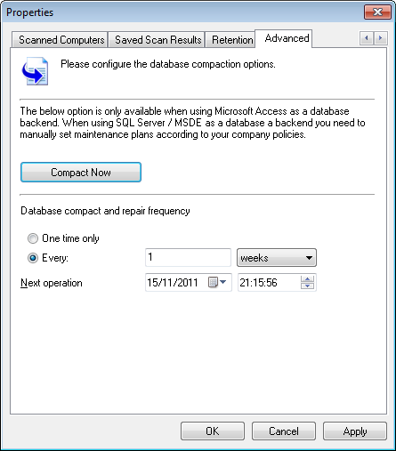 1. Clique na guia Configuration > Database Maintenance Options > Manage list of scanned computers. 2. Selecione os computadores para excluir e clique em Delete selected computer(s).