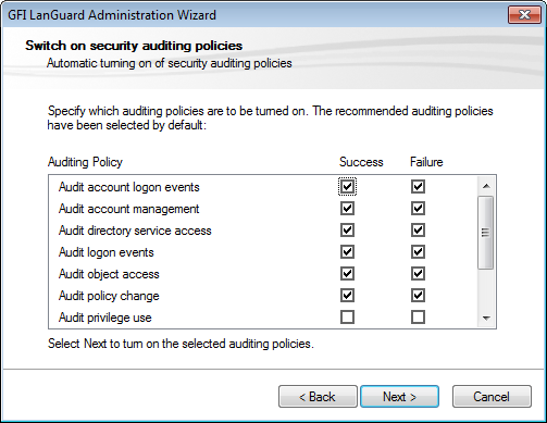 Além de ter acesso a informações sobre as configurações atuais da política de auditoria, você também pode usar o GFI LanGuard para acessar e modificar as configurações da política de auditoria dos