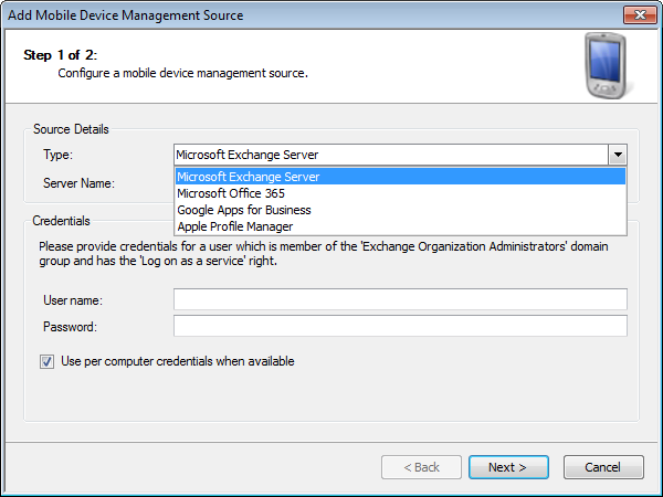 Captura de tela 44: Configurar uma origem de gerenciamento de dispositivo móvel: Selecionar tipo de origem Microsoft