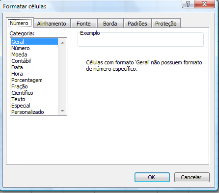 Figura 10 - Guia Número A caixa de diálogo formatação de Número possui os seguintes itens: Categoria: Lista os formatos específicos que podem ser atribuídos aos números.