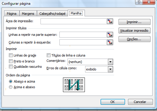 Figura 29 - Guia planilha A última guia, mostrada na Figura 29 permite configurar o quê será impresso da planilha e como será: Área de impressão: pode-se ser selecionado um intervalo da planilha que