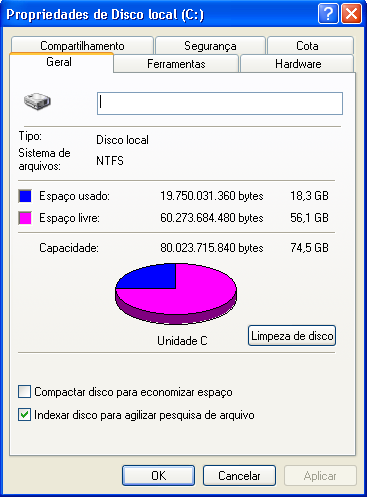 Propriedades da unidade de armazenamento: Para verificarmos as propriedades de uma determinada unidade de armazenamento basta ativarmos o Meu Computador pelo mesmo procedimento do recurso anterior e,