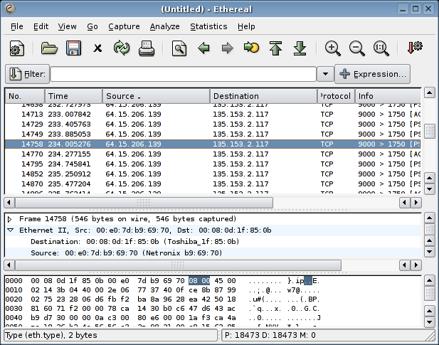 Na tela principal, temos a lista dos pacotes, com várias informações, como o remetente e o destinatário de cada pacote, o protocolo utilizado (TCP, FTP, HHTP, AIM, NetBIOS, etc.