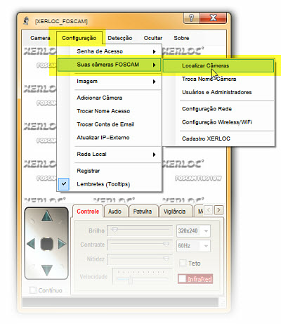 14 1os Passos - Xerloc/Foscam 2. Entre no seu XERLOC e selecione as opções CONFIGURAÇÃO - SUAS CÂMERAS FOSCAM - LOCALIZAR CÂMERAS: fig.125b Será feita uma busca por câmeras em sua rede.