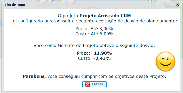 108 Figura 14: Tela de Fim de jogo. Os jogos de cada usuário são armazenados numa pasta users, no diretório de instalação do jogo, cujo link está disponível na tela de início do jogo.